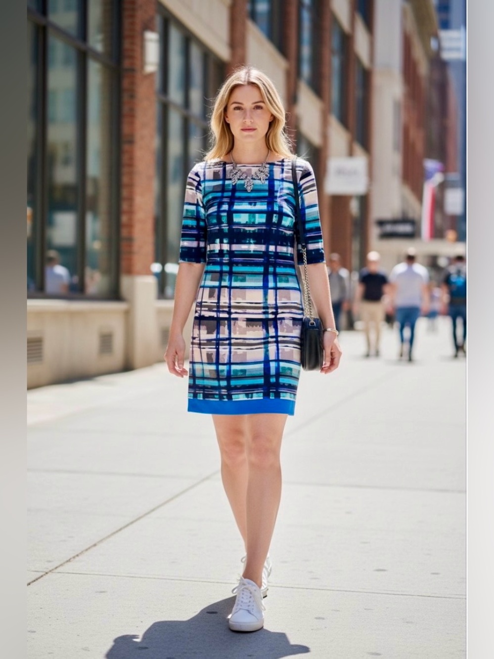 Eliza J. Blue & Lavender Plaid Short Sleeve Dress